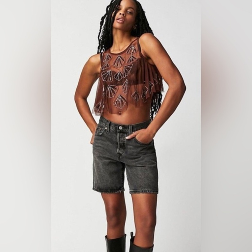 Free People chocolate Brown Tulsi Mesh Sheer Beaded Sequin cutout tank top sz XS